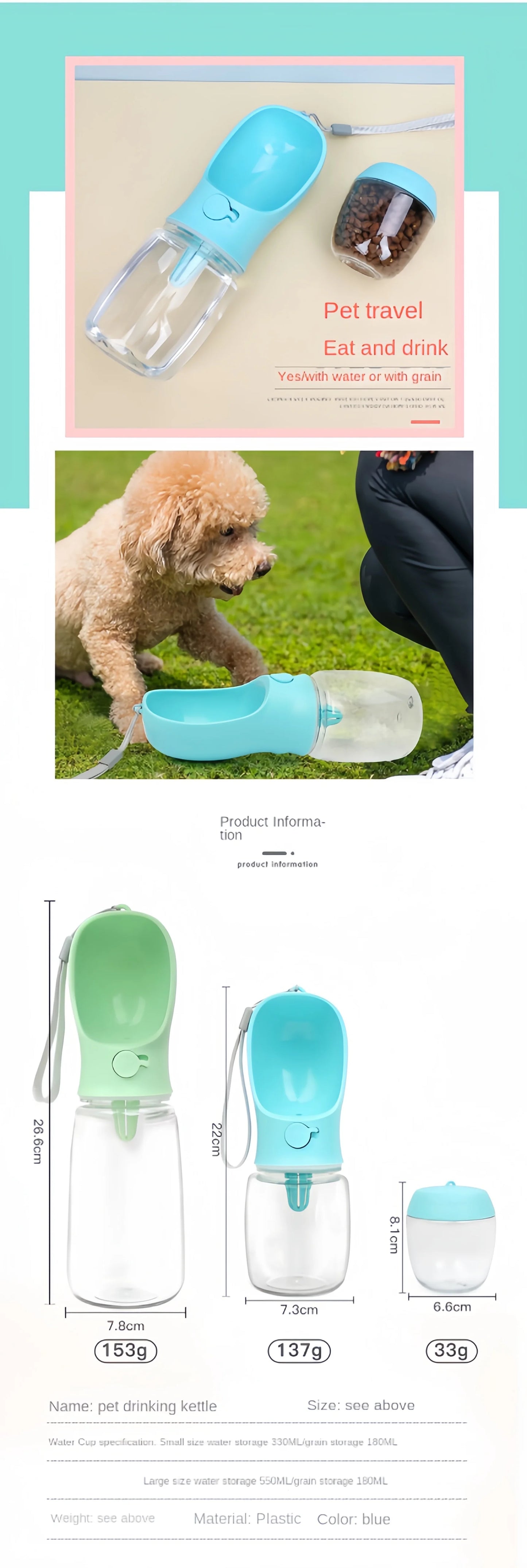 Portable Water Bottle with Food Storage for Dogs & Cats