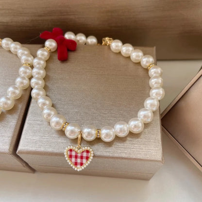 Pearl Collar with Bow and Plaid Heart