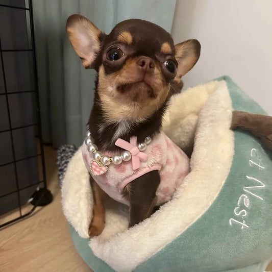 Pearl Collar with Bow and Plaid Heart